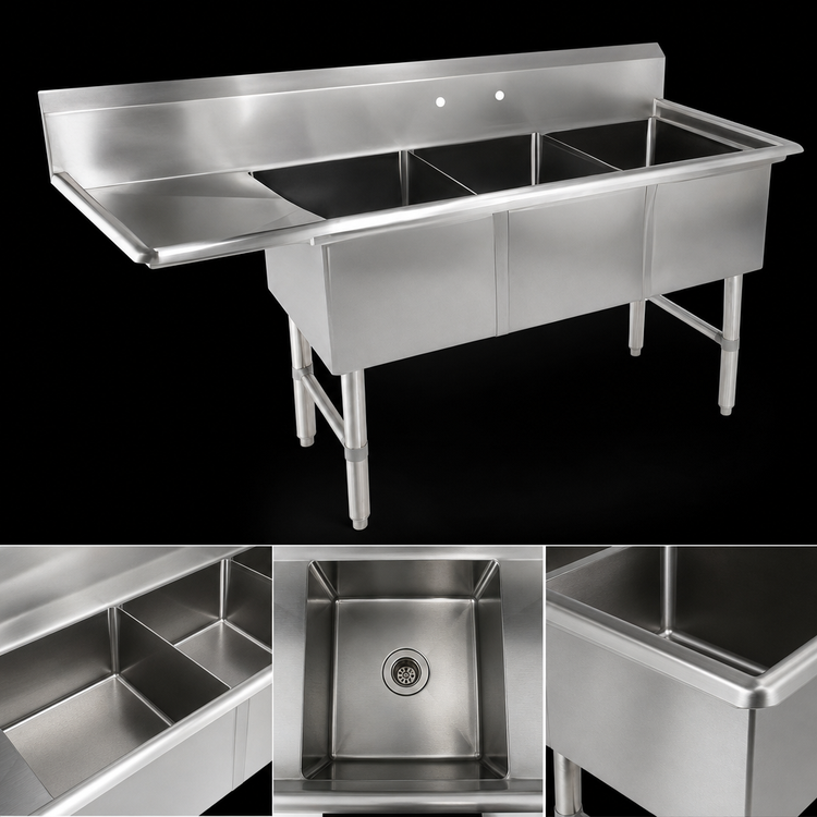 Product image #3 for John Boos B-Series 3-Compartment Freestanding Sink with Left Drainboard, 70-3/16 Inch Wide, Stainless Steel