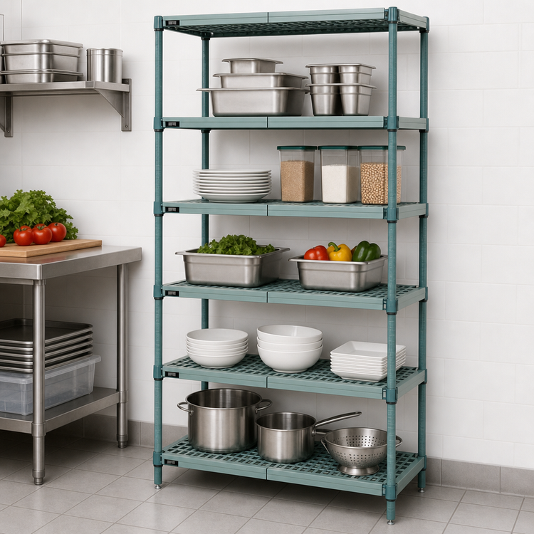 Product image #3 for Quantum 5-Tier Stationary Wire Plastic Mat Shelving Unit, 36 x 18 x 86 Inches, Green Epoxy Antimicrobial