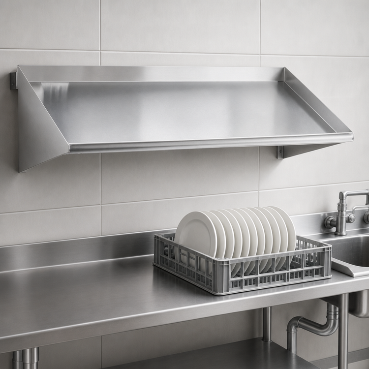Product image #3 for 63-Inch Wall-Mounted Stainless Steel Slant Shelf for Dish Tables with Outlet Pipes