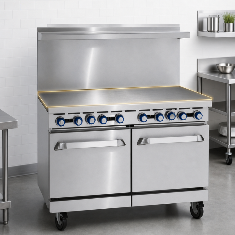 Product image #3 for Imperial Pro Series 48-Inch Gas Restaurant Range with 48-Inch Griddle, Standard Oven, Open Cabinet Base, and Hi-Shelf Backriser