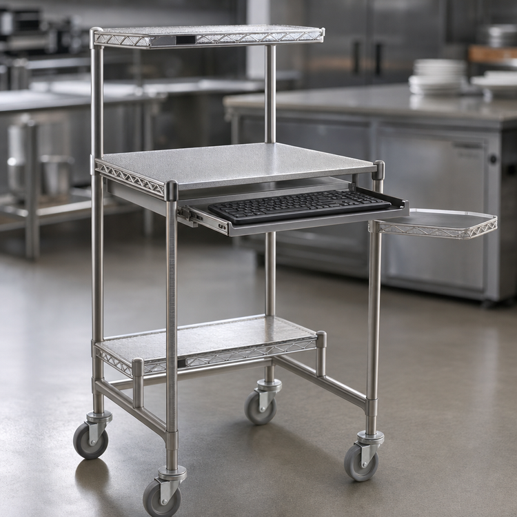 Product image #3 for Eagle Group 24 x 24 Inch Stainless Steel Mobile Computer Workstation with Keyboard Drawer and Polyurethane-Tread Casters