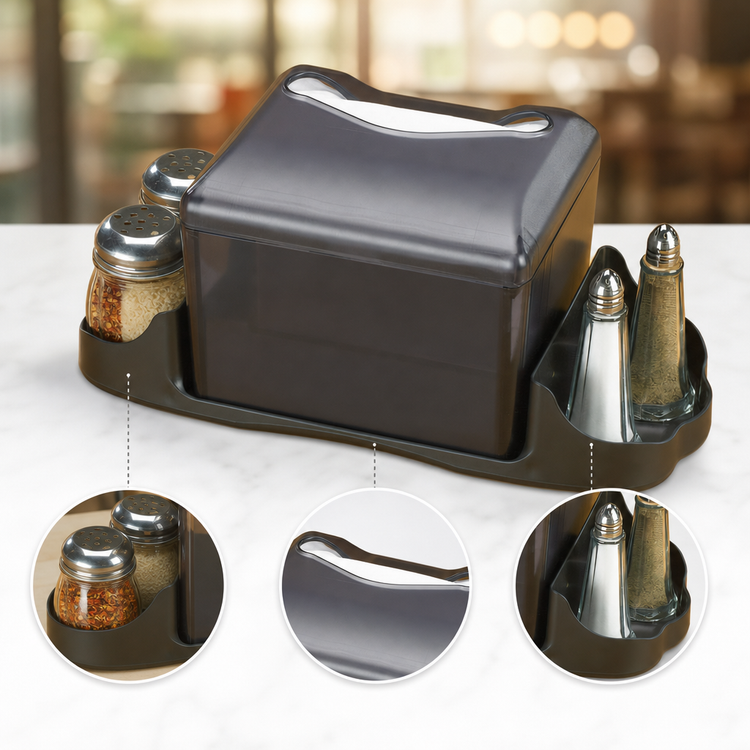 Product image #3 for Venue Tabletop Fullfold Napkin Dispenser with Condiment Caddy, Translucent Black Pearl