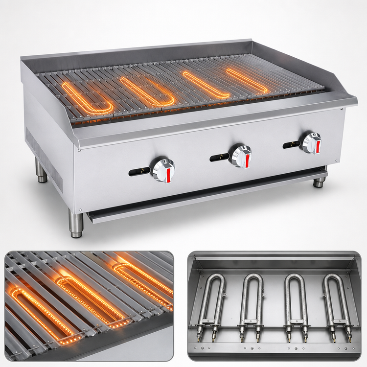 Product image #3 for Sapphire 48-Inch Countertop Radiant Gas Charbroiler, 4 U-Shaped Burners, 120,000 BTU