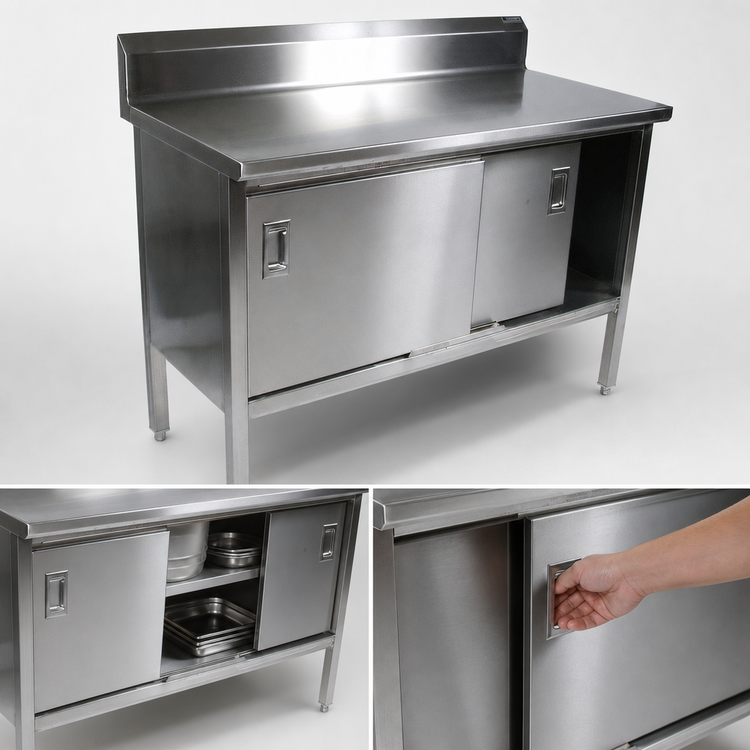 Product image #3 for John Boos Enclosed Work Table with Cabinet Base and Sliding Doors, 36 x 30 Inch, 14-Gauge 300 Series Stainless Steel Top, 5-Inch Backsplash