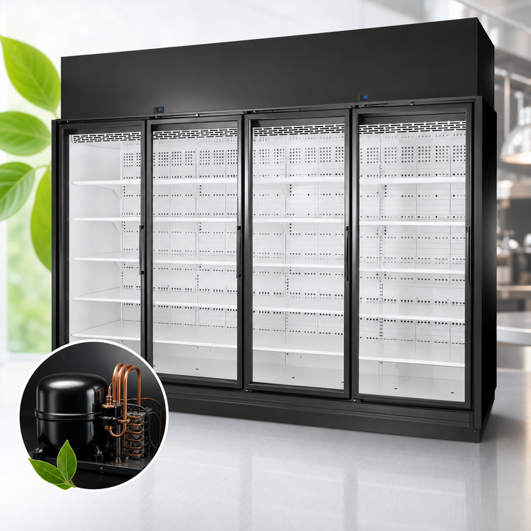 Product image #3 for True 4-Section Medium-Temperature Self-Contained Glass Door Merchandiser, Black Exterior / White Interior