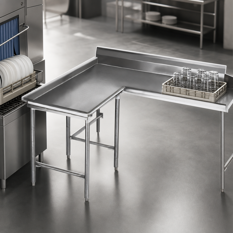 Product image #3 for Spec-Master Island Clean Dishtable, Right-to-Left Operation, 96 Inch Machine-to-Corner x 60 Inch Corner-to-End, 30 Inch Working Depth, 14 Gauge 304 Stainless Steel