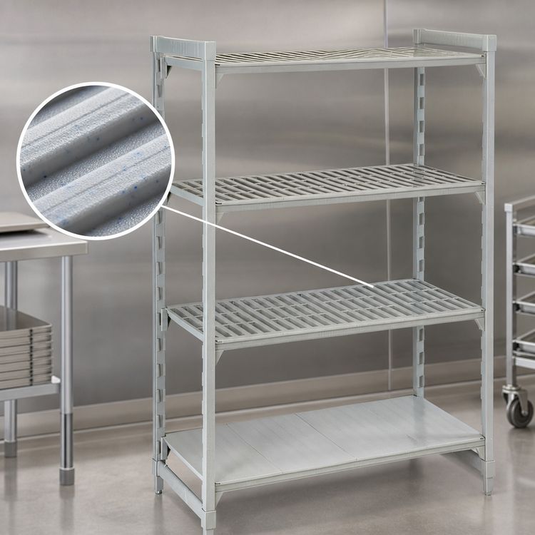 Product image #4 for Cambro Camshelving Premium 72"W x 21"D x 64"H 4-Shelf Stationary Starter Unit, 3 Vented Shelves + 1 Solid Shelf