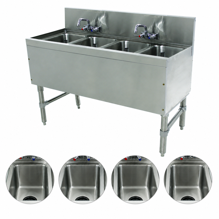 Product image #3 for Advance Tabco Prestige Supreme 4-Compartment Stainless Steel Underbar Sink Unit with 2 Splash-Mount Faucets, 48W x 20D x 36H, No Drainboards