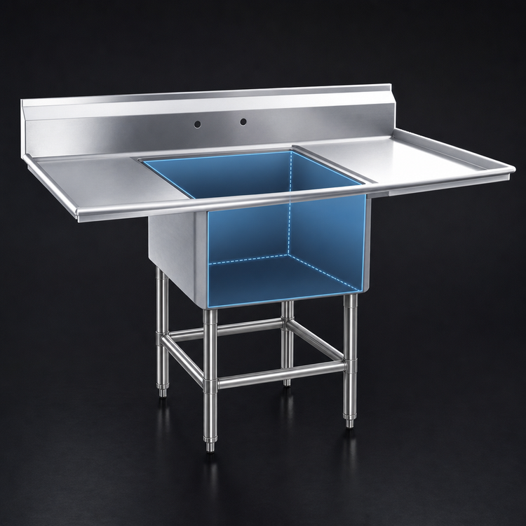 Product image #3 for Spec-Master FN Series 1-Compartment Sink with Right Drainboard, 57-1/2 Inch x 31 Inch, 14-Gauge 304 Stainless Steel