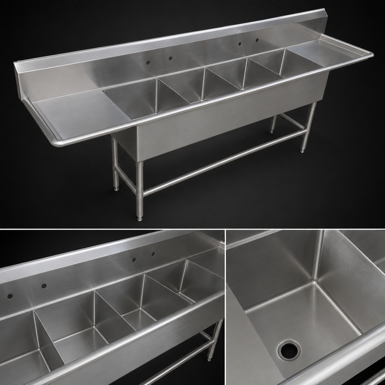 Product image #3 for John Boos Pro-Bowl 4-Compartment Sink with Dual Drainboards, 20" x 20" Bowls, 14-Gauge Stainless Steel