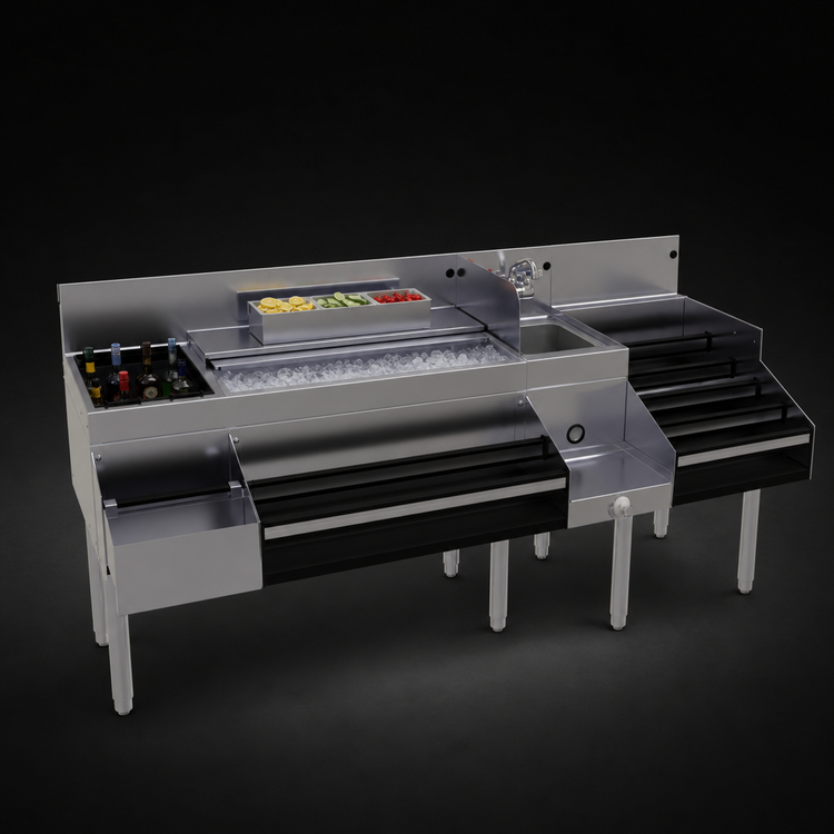 Product image #3 for Glastender 72-Inch All-In-One Underbar Ice Bin/Cocktail Station with Sink, Blender Shelf, and Speed Rail