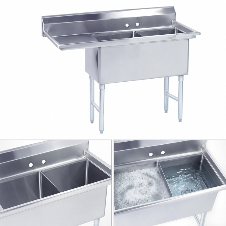 Product image #3 for Advance Tabco 2-Compartment Fabricated Sink with Left-Hand Drainboard, 18 x 24 x 14-Inch Bowls, 16-Gauge 304 Stainless Steel