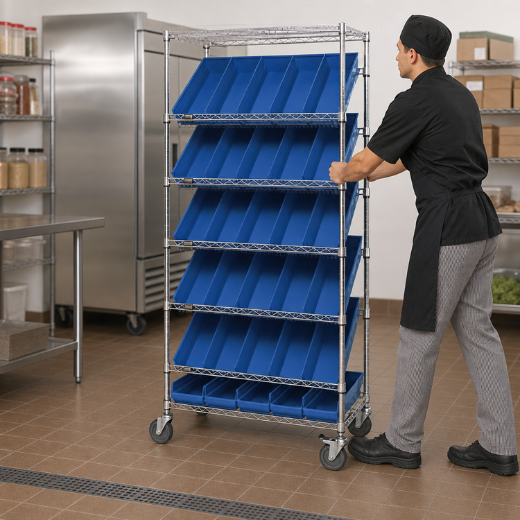 Product image #3 for Quantum Mobile Wire Shelving Bin Storage Unit with 48 Bins, 36 x 18 x 74 Inches, Chrome Finish