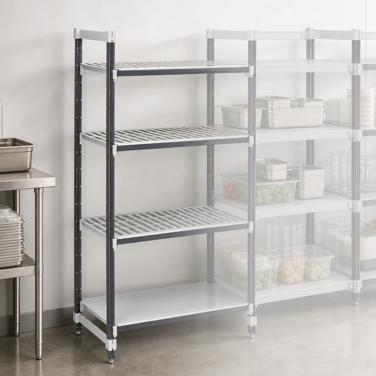 Product image #3 for Cambro Camshelving Elements XTRA 4-Tier Stationary Starter Polymer Shelving Unit, 42-Inch Wide x 24-Inch Deep x 64-Inch High, Speckled Gray