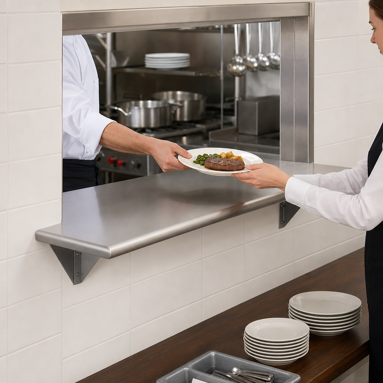 Product image #3 for BK Resources Single Wall-Mounted Pass Through Shelf, 108 x 24 Inches, 304 Stainless Steel