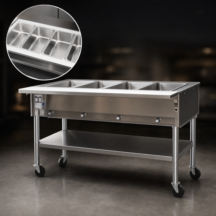 Product image #3 for Eagle Group Portable Electric Hot Food Table with 4 Dry Wells, Open Base and Cutting Board, 66 Inch, 208V