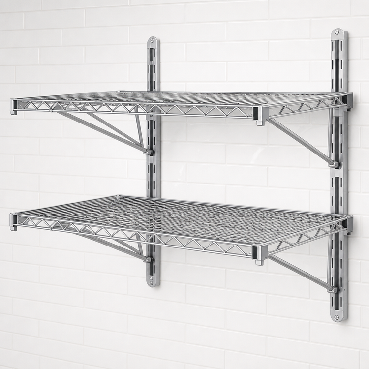 Product image #3 for WalStor WAL-2-1848 Modular Wall Shelf Kit — Double 48" x 18" Wire Shelves, 45" Uprights, Zinc Finish (NSF)