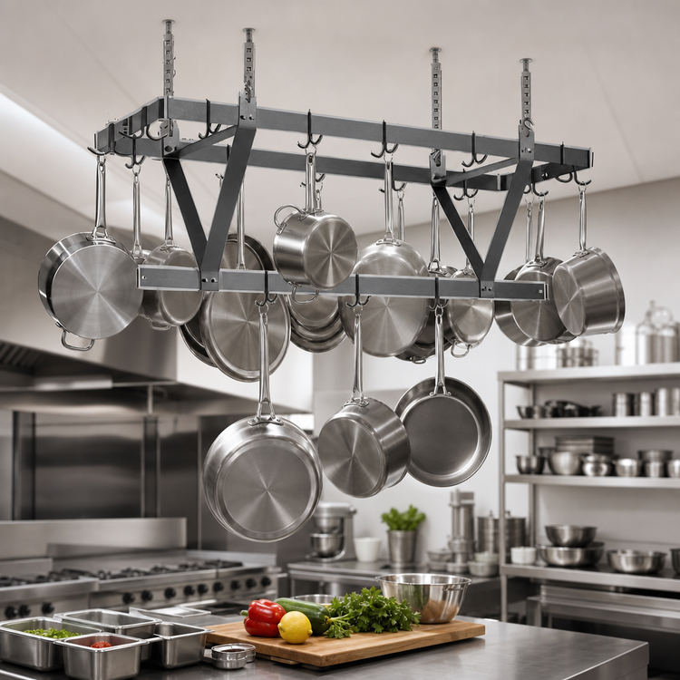 Product image #3 for Eagle Group Ceiling-Mounted Triple-Bar Stainless Steel Pot Rack with 18 Hooks