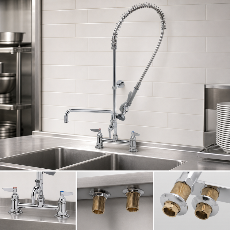 Product image #3 for T&S Brass EasyInstall Deck-Mount Pre-Rinse Unit with Add-On Faucet, 8-Inch Adjustable Centers, 12-Inch Swing Spout, and 44-Inch Hose