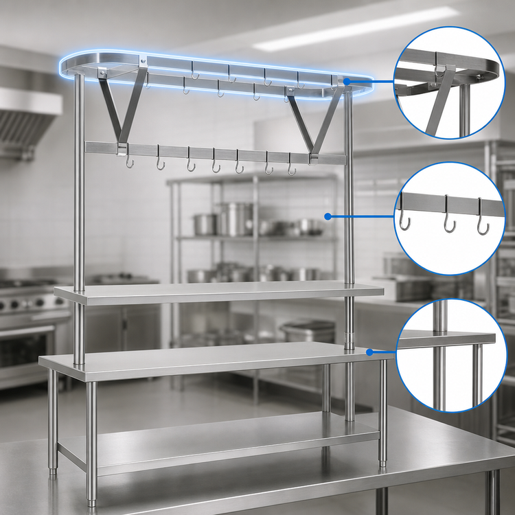 Product image #3 for Eagle Group TM36PR Table-Mounted Stainless Steel Triple-Bar Pot Rack for 36-Inch Tables, 9 Hooks