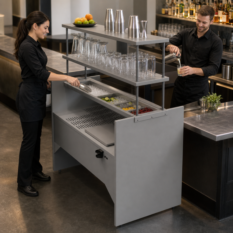 Product image #3 for BK Resources Underbar Pass-Thru Ice Bin/Cocktail Station with Overshelves, 10-Circuit Cold Plate, 54 x 35 x 73 Inches