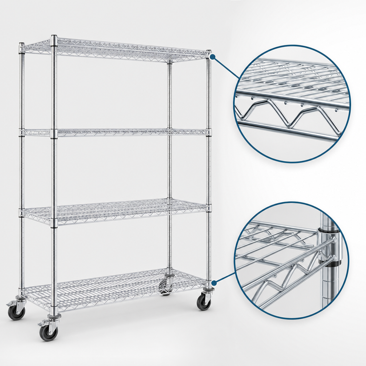 Product image #3 for Eagle Group 4-Tier Chrome Wire Dolly Truck with 36 x 21 Inch Shelves and Swivel/Brake Casters