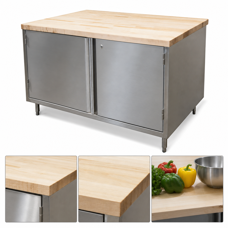 Product image #3 for BK Resources 60-Inch x 36-Inch Hard Maple Top Chef Table with Cabinet Base and Locking Hinged Doors