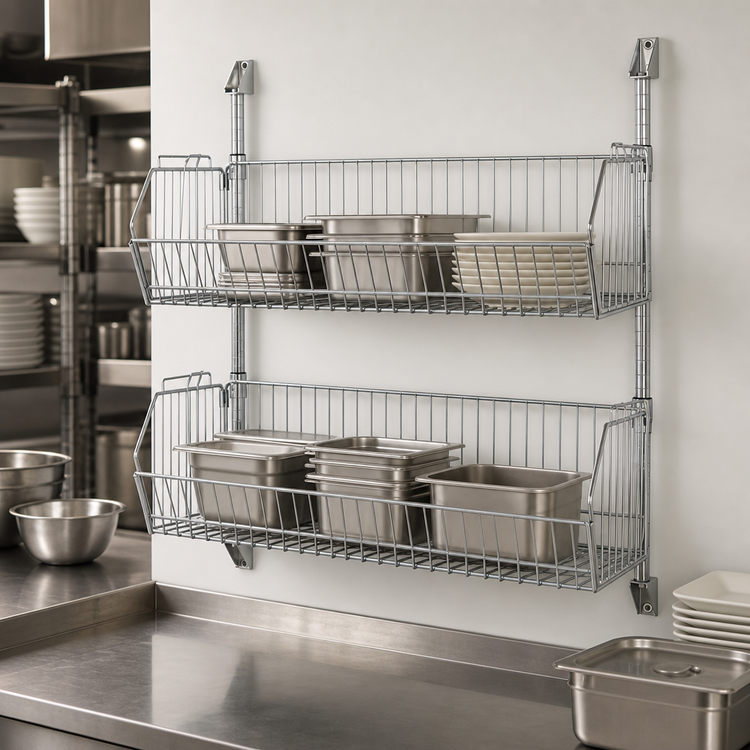 Product image #3 for Quantum Cantilever Basket Post Wall Mount Rack with 2 Wire Baskets, 48 x 20 x 34 Inches, Chrome Plated
