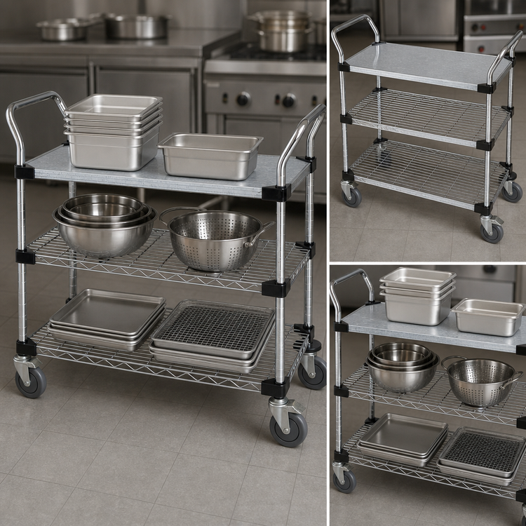 Product image #3 for Quantum 36-Inch x 18-Inch 3-Shelf Stainless Steel Utility Cart with 2 Wire Shelves and 1 Solid Shelf