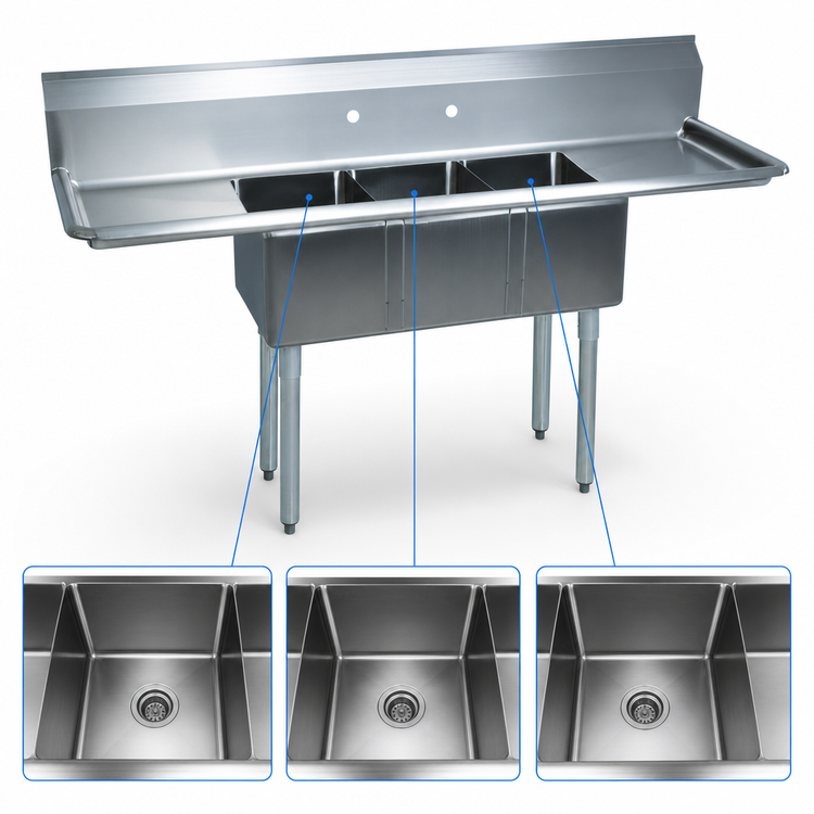 Product image #3 for BK Resources 3-Compartment Convenience Store Sink with Dual 12-Inch Drainboards, 54-Inch Wide