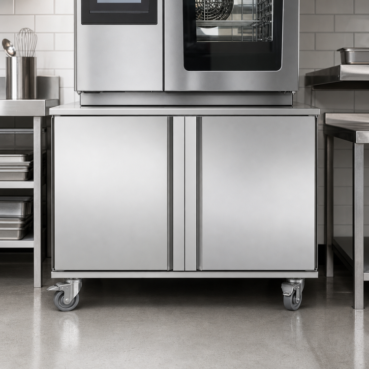 Product image #3 for Convotherm Fully Enclosed Stainless Steel Oven Stand with Double Doors, Casters, and 14 Shelf Rail Pairs for C4 6.10 & 10.10