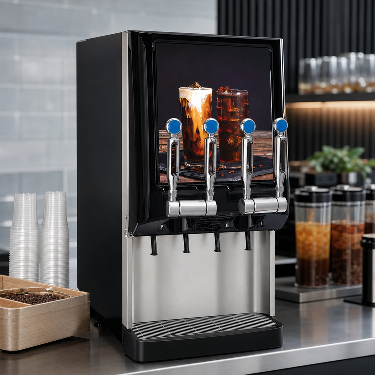 Product image #3 for BUNN Silver Series 4-Flavor Cold Beverage System with Lighted Door, Tap Handles, and Iced Coffee Display