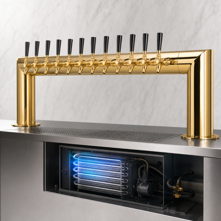 Product image #3 for Micro Matic Pass-Thru Countertop Glycol-Cooled Draft Beer Tower with 12 Faucets, PVD Brass Finish