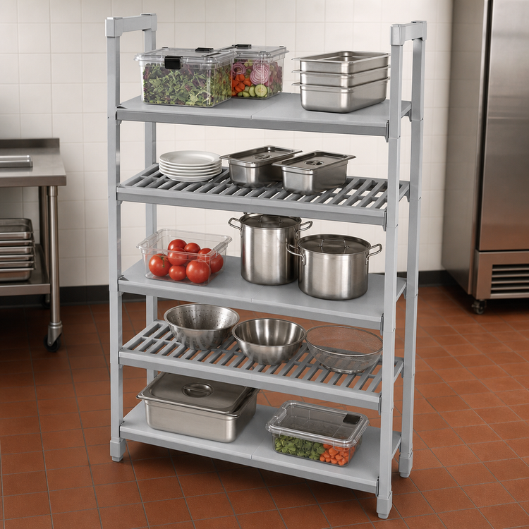 Product image #4 for Cambro Camshelving Premium 18" x 36" Mixed Vented and Solid Shelf Kit, 5 Shelves, Speckled Gray