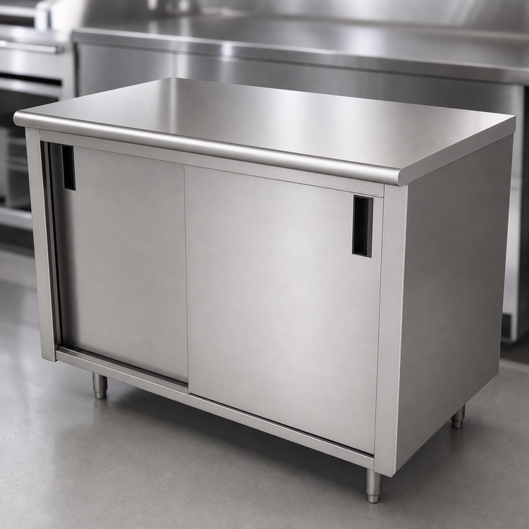 Product image #3 for Advance Tabco Special Value Economy Enclosed Work Table with Cabinet Base, Mid-Shelf and Sliding Doors, 84 x 30 Inches, 16 Gauge 304 Stainless Steel Top