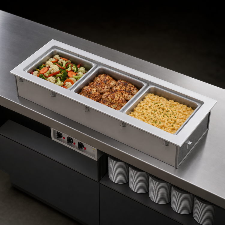 Product image #3 for Vollrath 3-Pan Short-Side Drop-In Hot Well with Infinite Controls, Manifold Drain, 208-240V