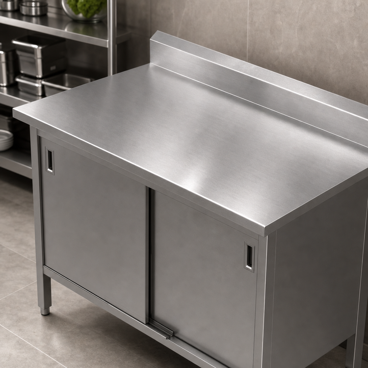 Product image #3 for John Boos Enclosed Base Work Table with Sliding Doors, 36 x 24 Inches, 16-Gauge 300 Series Stainless Steel Top, 5-Inch Backsplash