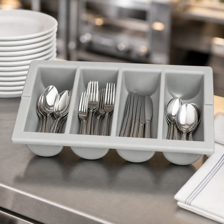 Product image #3 for Traex® 4-Compartment Plastic Silverware Cutlery Box with Handles, Gray