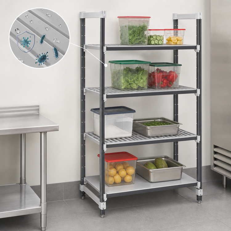 Product image #3 for Cambro Camshelving Elements XTRA 4-Tier Stationary Starter Unit, 24" x 42" x 72", Vented and Solid Shelves, Speckled Gray