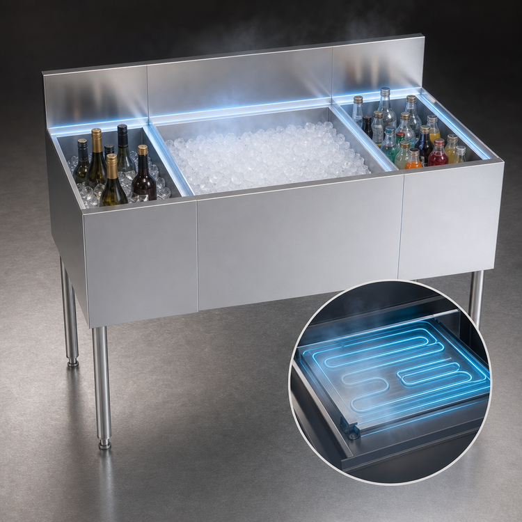 Product image #3 for Krowne Royal Series 48-Inch Underbar Multi-Station Ice Bin with Center Ice Bin, Bottle Wells, and 10-Circuit Cold Plate