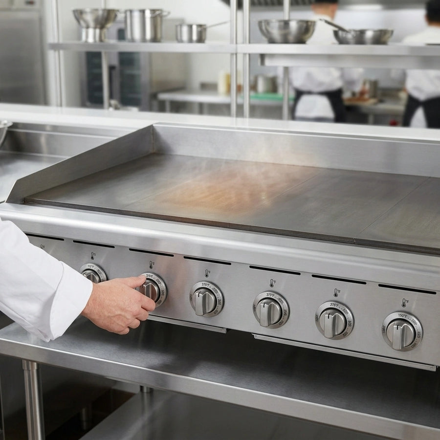 Experience precise cooking control with individual thermostatic temperature regulation across the expansive 72-inch griddle surface.