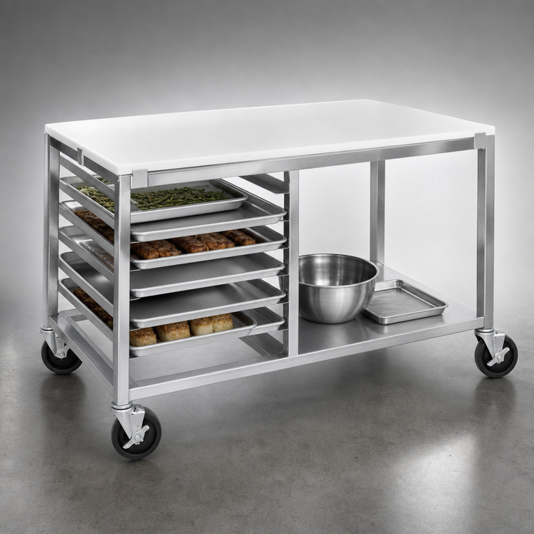Product image #3 for 48 x 24 Inch Double-Section End-Load Aluminum Bun Pan Rack Work Table with Poly Top, Open Shelf and Angle Slides