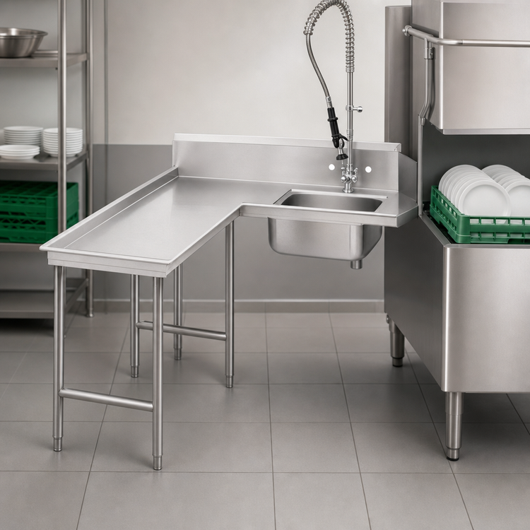 Product image #3 for Advance Tabco Island Soil L-Shaped Dishtable with Pre-Rinse Sink, Left-Hand, 59-Inch, 16-Gauge 304 Stainless Steel