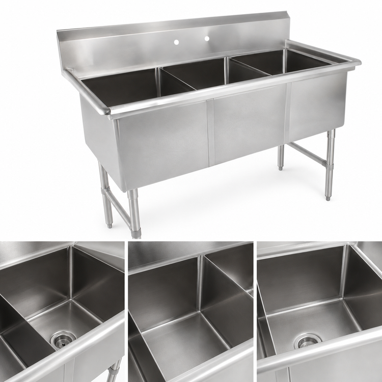 Product image #3 for John Boos B-Series 3-Compartment Stainless Steel Sink with 10" Backsplash and Legs