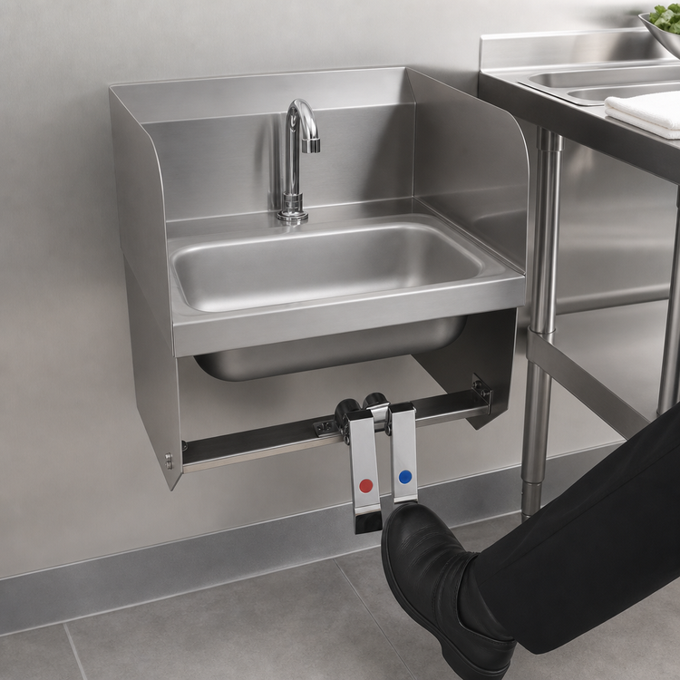 Product image #3 for BK Resources Wall-Mounted Hand Sink with Knee Valve and Gooseneck Spout, 14 x 10 x 5 Bowl, 304 Stainless Steel