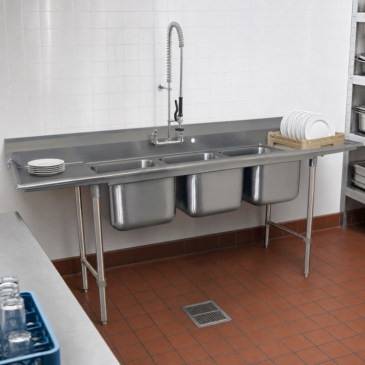 Product image #3 for Advance Tabco Regaline Floor Model 3-Compartment Sink with Left and Right Drainboards, 20 x 20-Inch Bowls, Open Frame Base, 18 Gauge 304 Stainless Steel