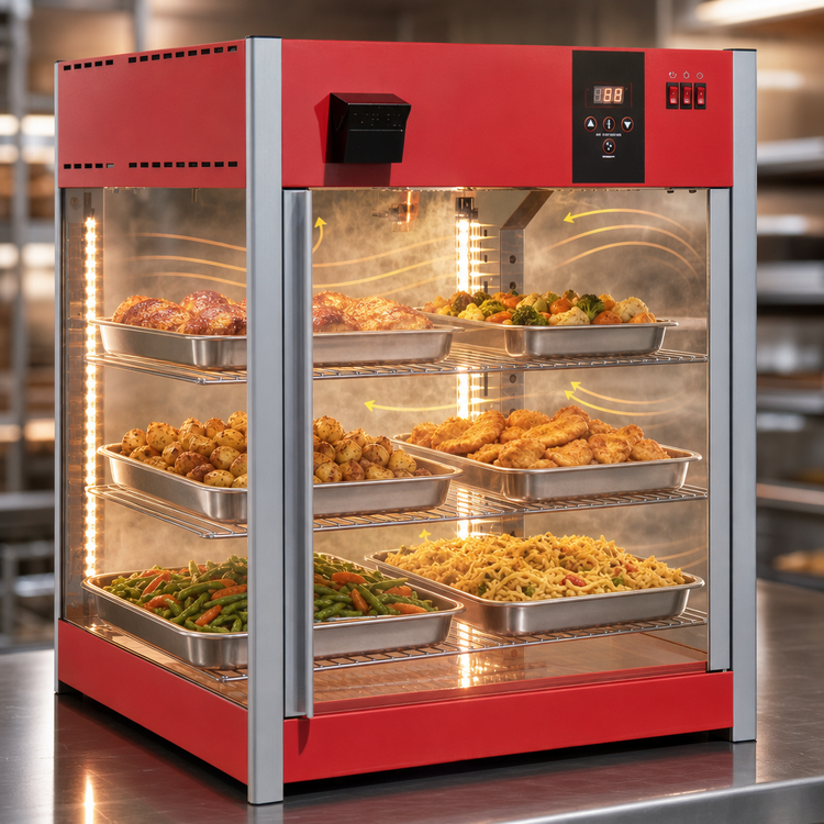 Product image #3 for Winco Heated & Humidified Countertop Hot Food Display Merchandiser with 2 Pass-Through Doors and 3 Shelves