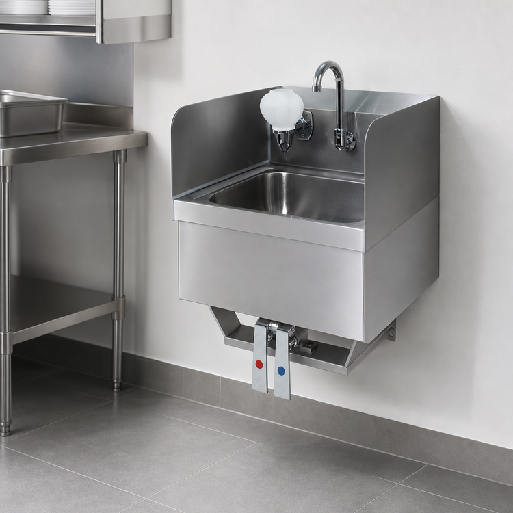 Product image #3 for Wall-Mount Stainless Steel Hand Wash Sink with Knee Pedal Valves, Faucet, Soap Dispenser and Side Splashes
