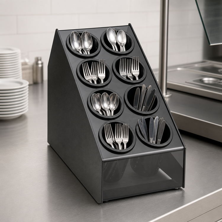 Product image #3 for Vollrath Countertop Flatware Holder Organizer with 8 Compartments and 8 Flatware Cylinders, Black ABS and Smoked Acrylic