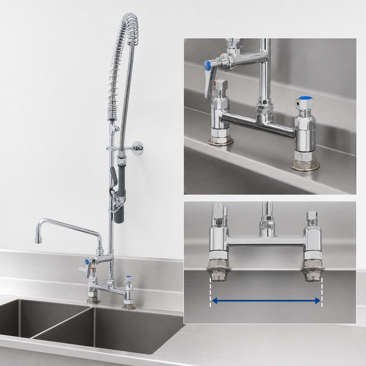 Product image #3 for EasyInstall 8" Adjustable Center Deck-Mount Pre-Rinse Unit with Add-On Faucet, 12" Swing Spout, and 1.07 GPM Spray Valve